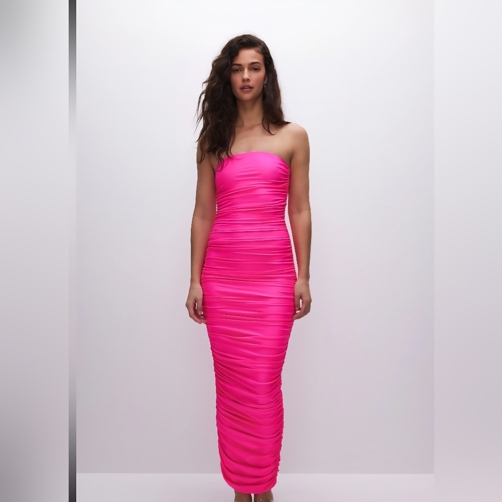Good American Sexy Ruched Strapless Bodycon Tube Maxi Dress, Knockout Pink Sz 1